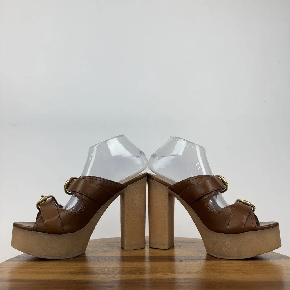 New Womens Veronica Beard Garrick Brown Leather Platform Slide Sandals Size 9 M - Picture 5 of 8